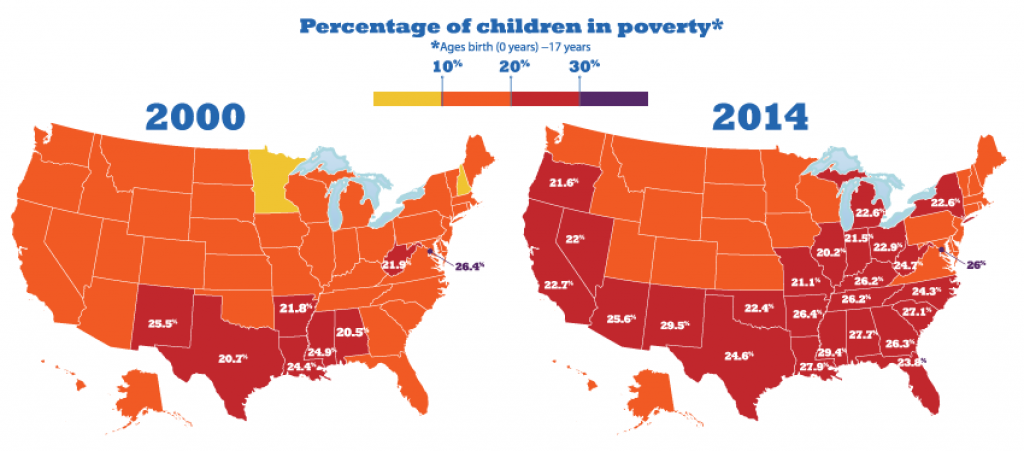 Growth in child poverty mapped by county in the 50 states 2010-2014