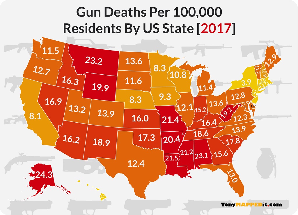 Gun Deaths Per 100000 Residents By Us State 2017 