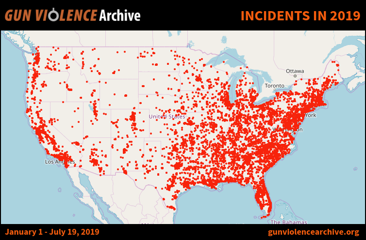 This map shows all the gun violence in america in 2019