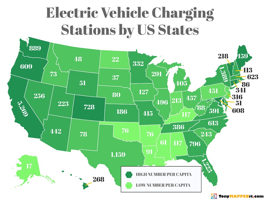 This Map Shows The Number Of Electric Vehicle Charging Stations In Each