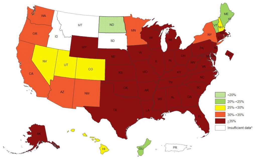 This map shows the pecentage of obese non-hispanic black aldults in the united states by us state