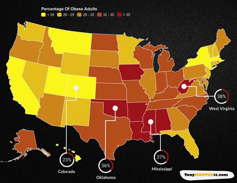 This Map Show Percentage Of Obese Adults By US State In The USA