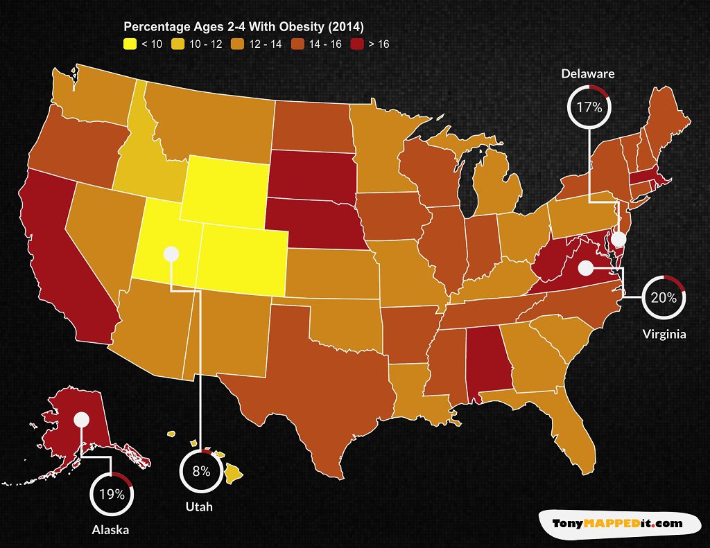 This map shows the pecentage of obese children age 2 to 4 years in the united states by us state