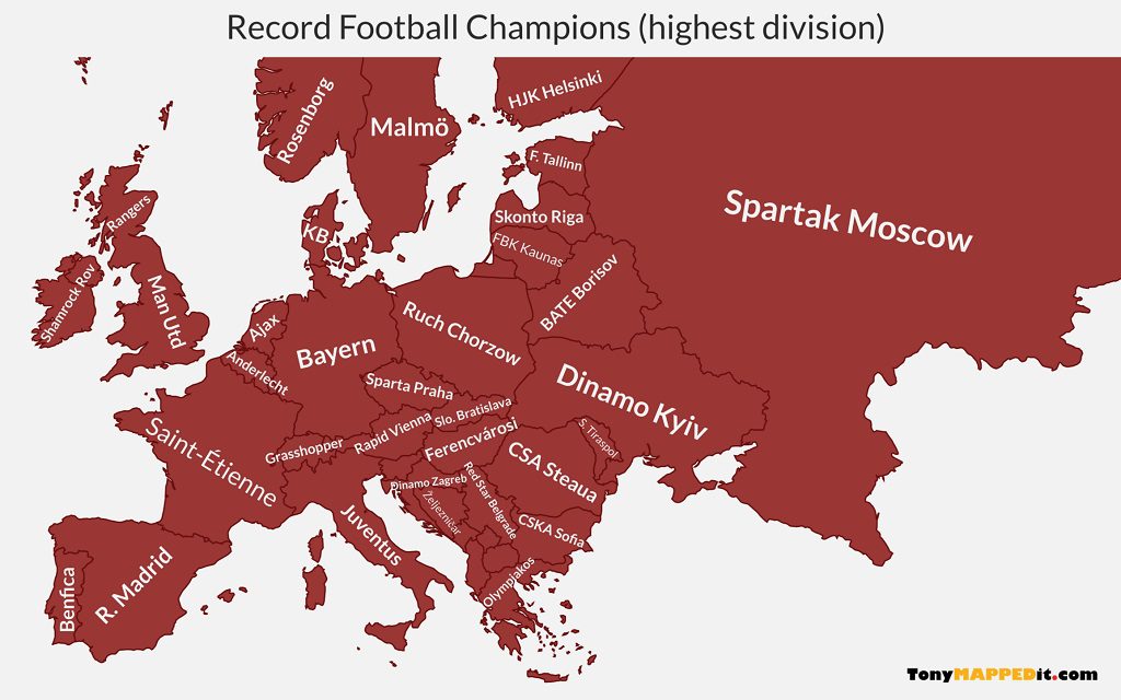 This map shows the record champions clubs in the highest european divisions