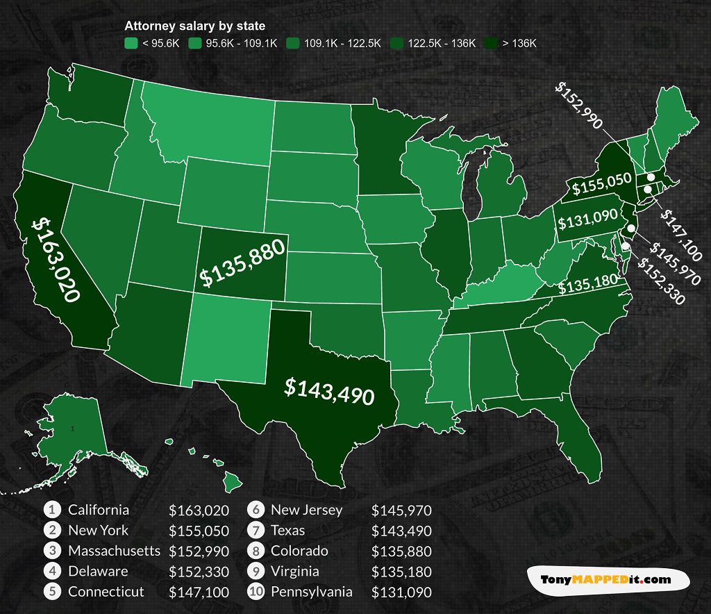 Map Of The Top 10 Highest Attorney Salaries By US State