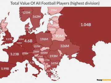 This map shows the total value of all football players in the highest european divisions