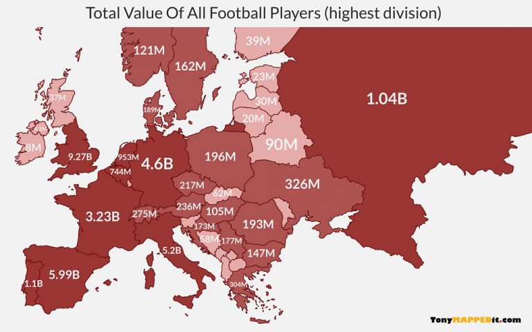 This map shows the total value of all football players in the highest european divisions