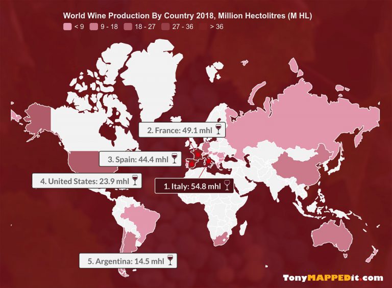 this map shows world wine production by country
