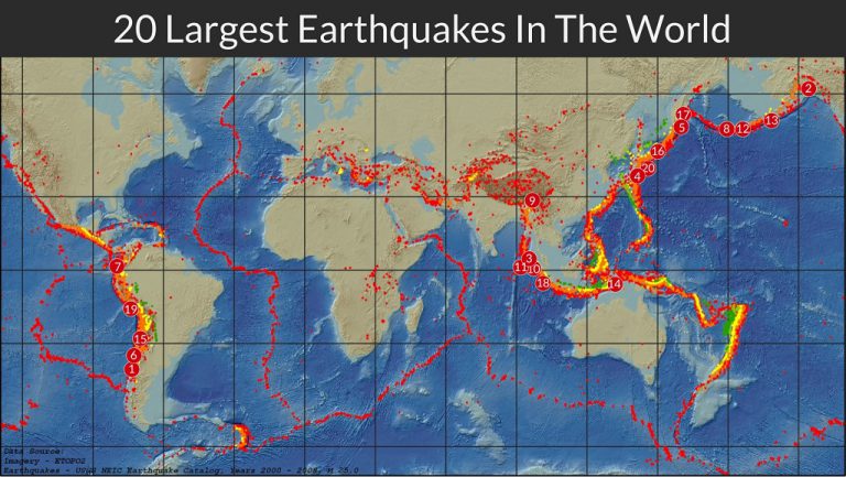 this map shows the 20 largest earthquakes in the world history