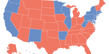 This map shows the most voted political party by us state in the past 20 presidential elections