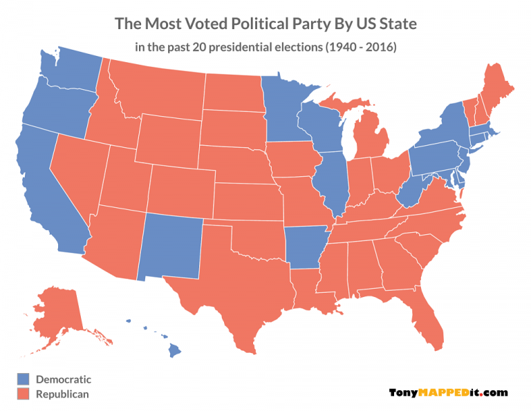 This map shows the most voted political party by us state in the past 20 presidential elections