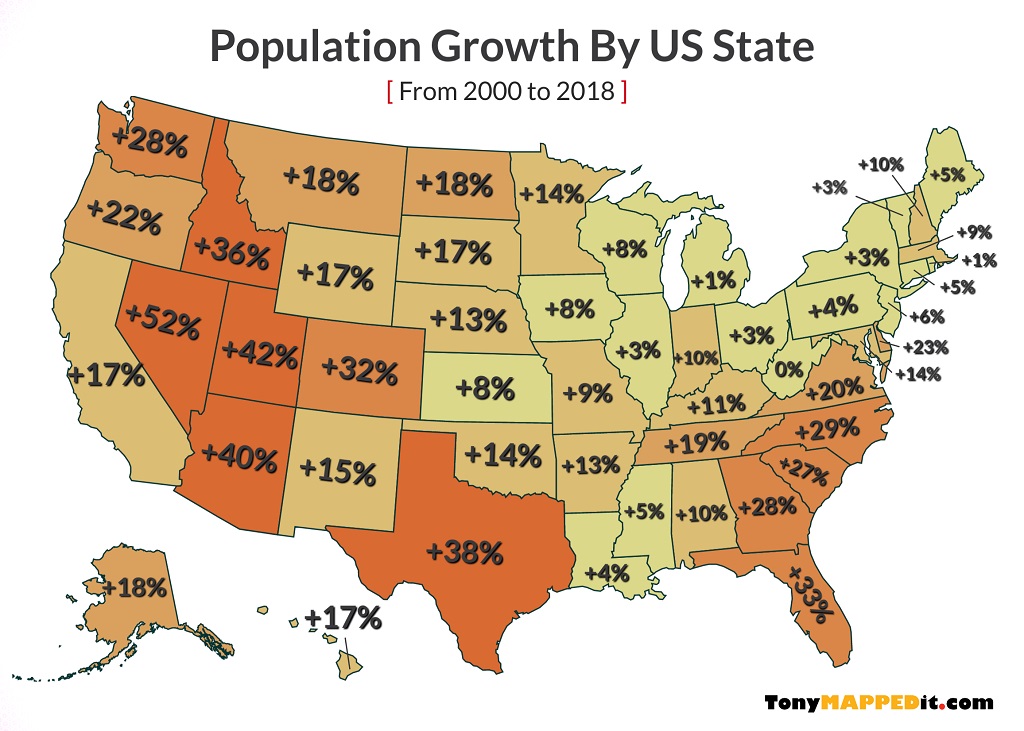 us population by state map Population Growth By Us State From 2000 To 2018 Tony Mapped It us population by state map
