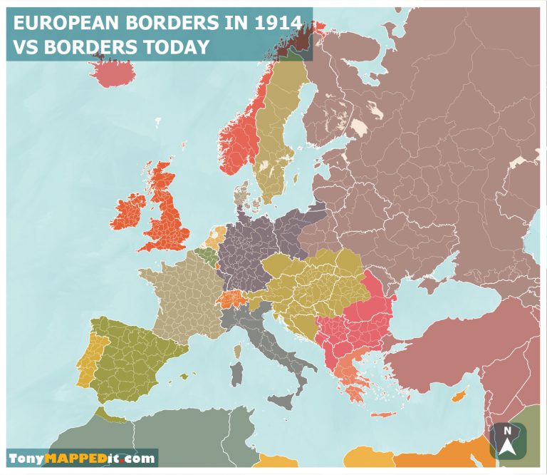 Map of Europe 1914 vs Borders Today